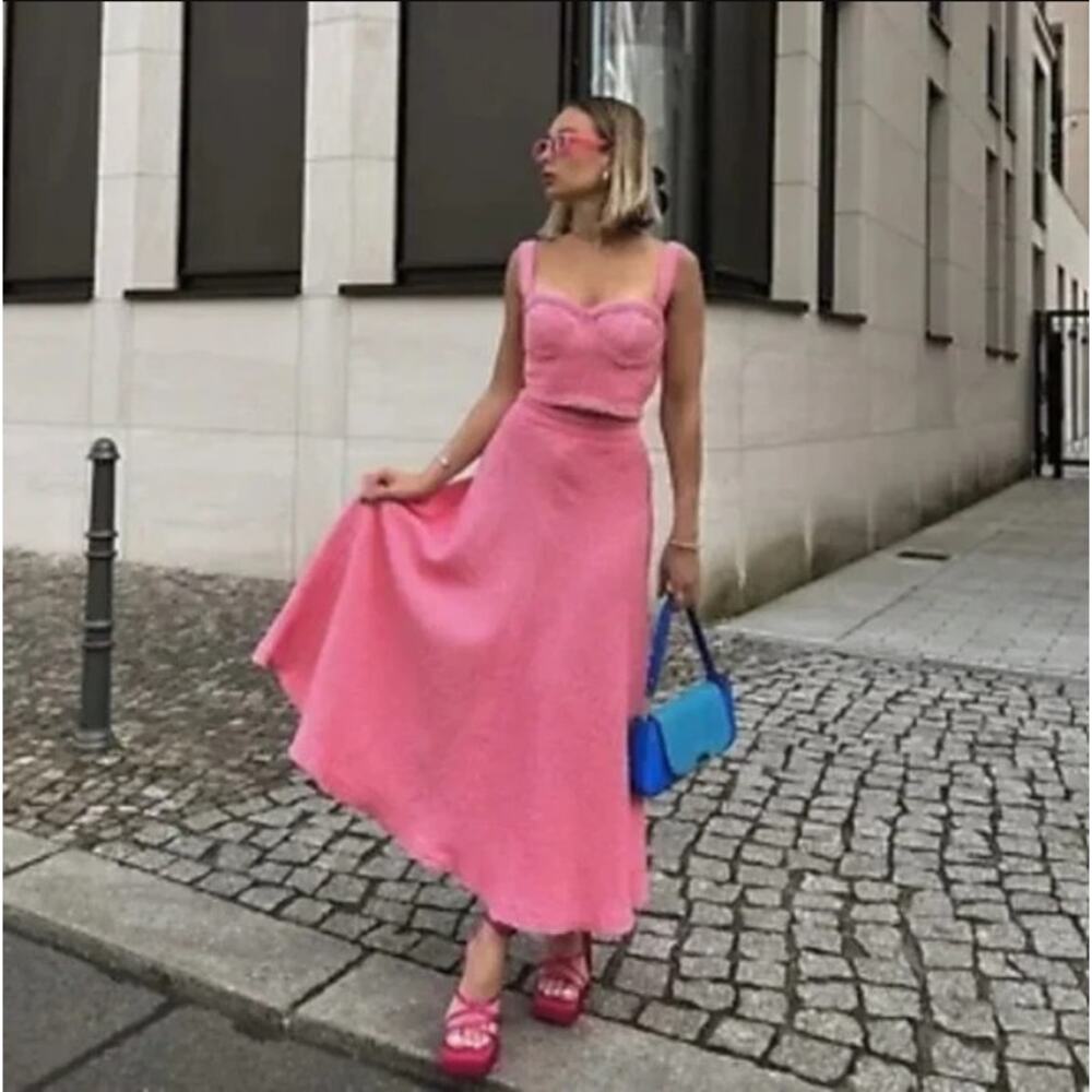 Zara Pink Textured A Line Maxi Skirt Side Zip NWT Size L Cotton Blend